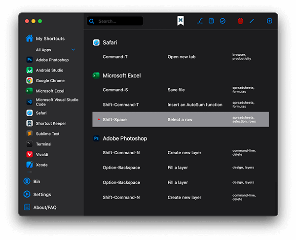An app view listing all saved shortcuts in dark theme