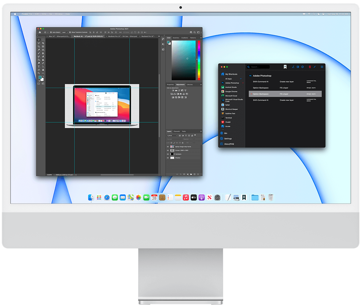 Using the keyboard shortcuts app view alongside another app on a 2021 iMac