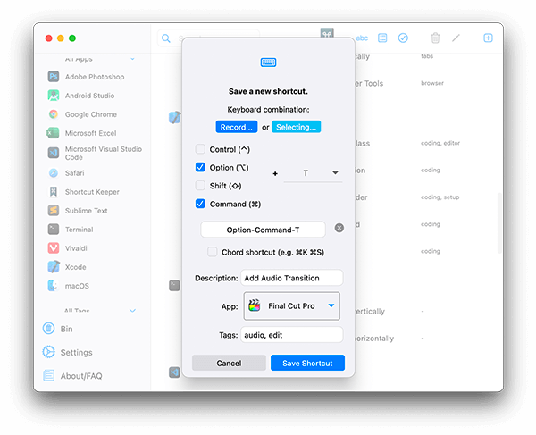 Adding a new shortcut dialog view in the app