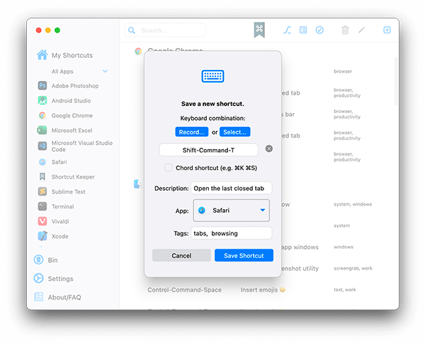 Adding a new keyboard shortcut for Safari in the app