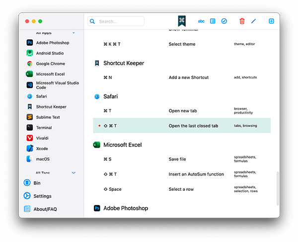 Viewing all keyboard shortcuts for Safari in the app