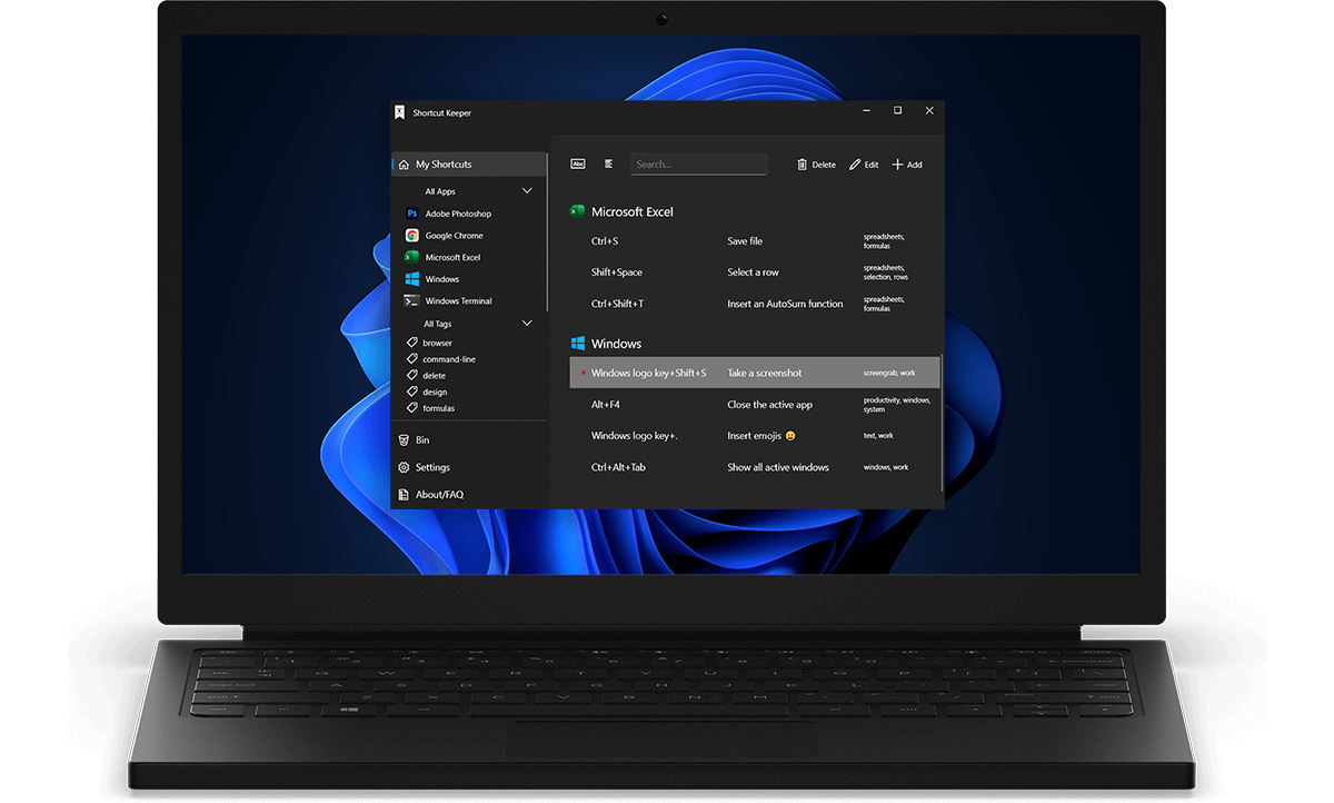 Using the Shortcut Keeper app in Windows to find frequently used keyboard shortcuts