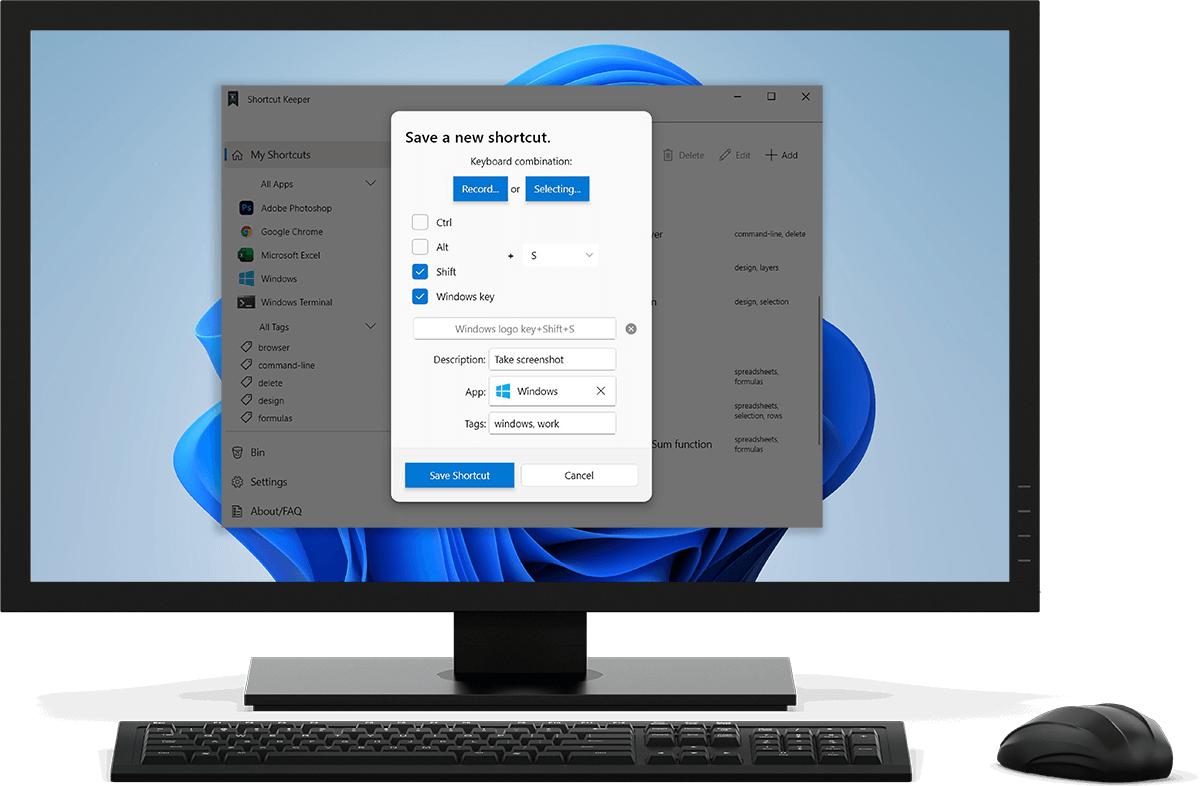Using the keyboard shortcuts app on a Windows desktop