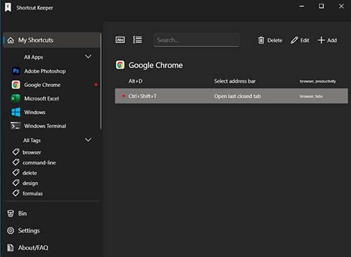 An app view listing saved shortcuts in dark theme
