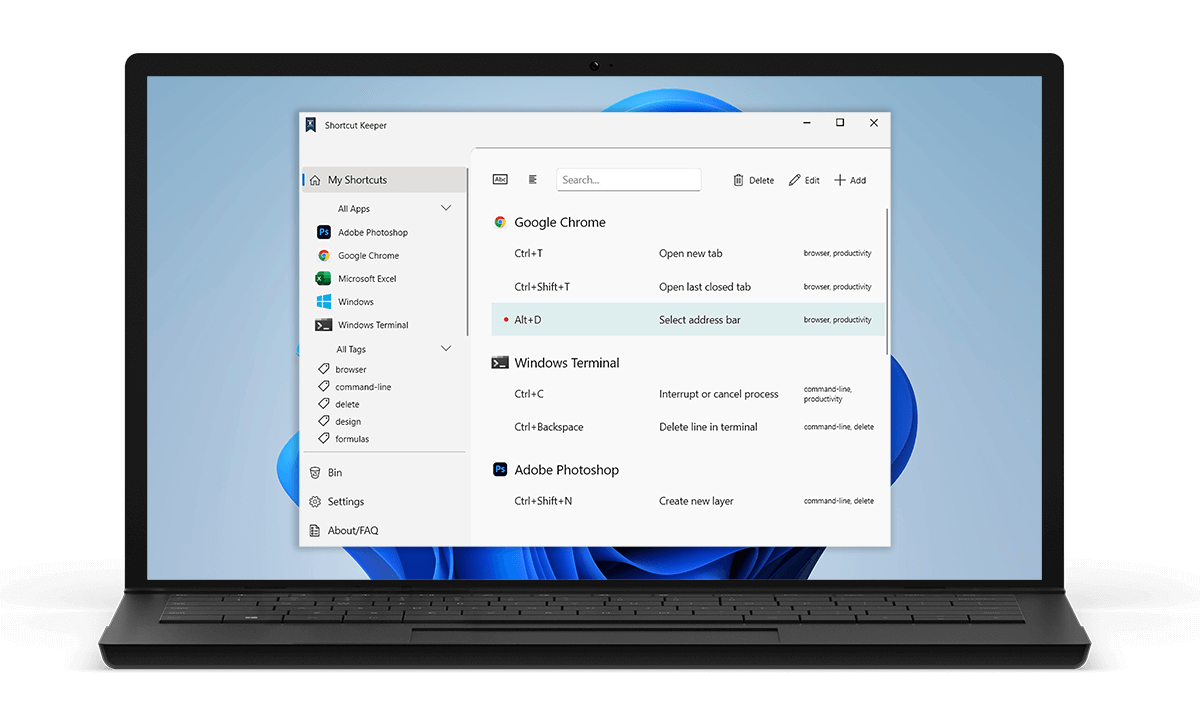 The Shortcut Keeper app open in a Windows laptop