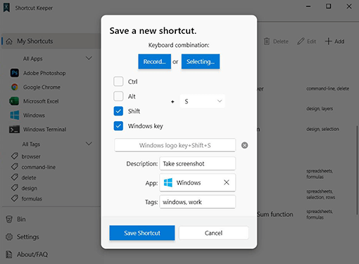 Adding a new shortcut dialog view in the app