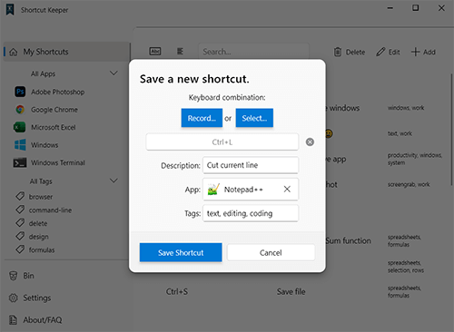 Adding a new keyboard shortcut for Notepad++ in the app